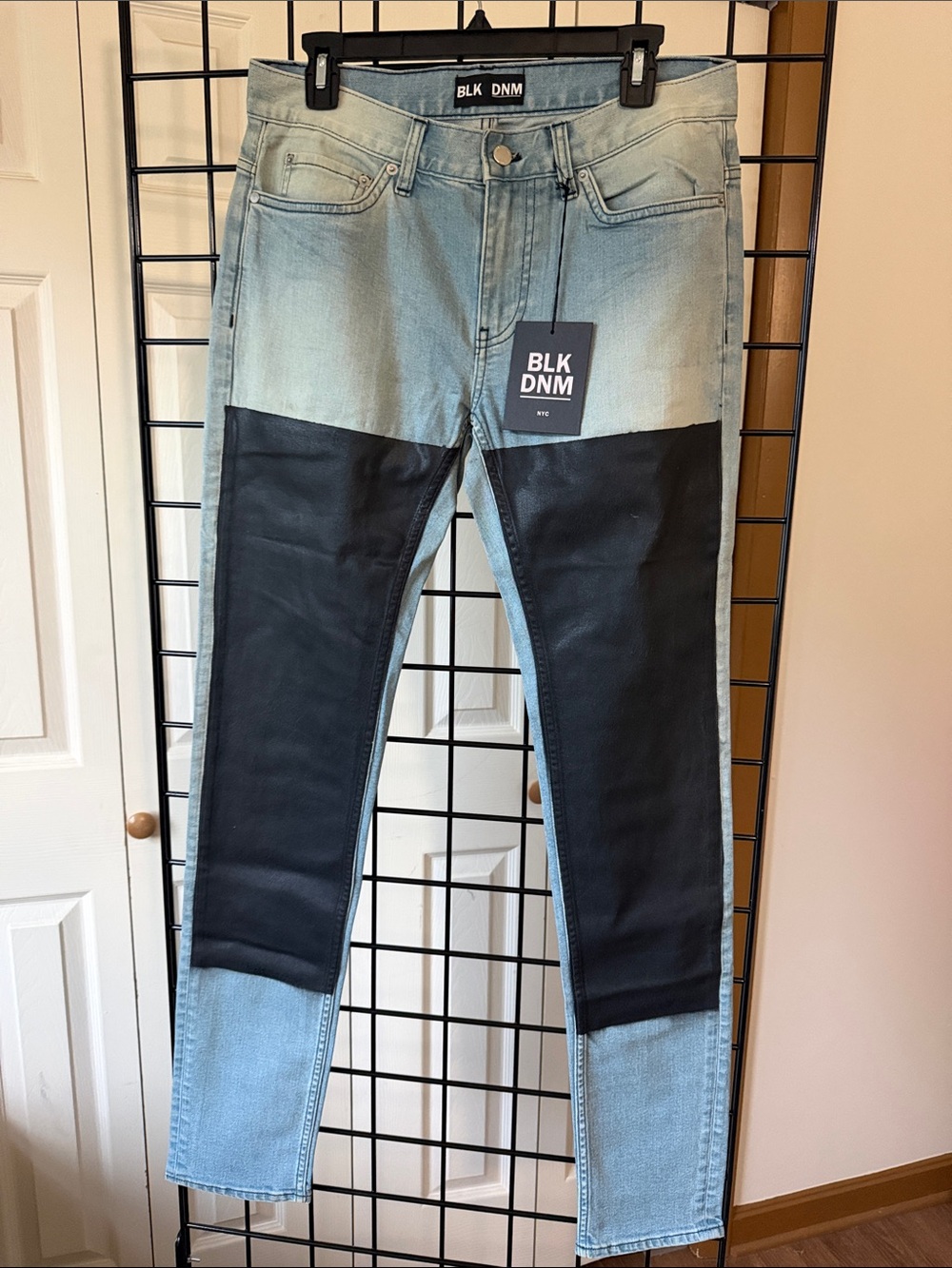 BLK DNM Men’s Light Blue and Black Paneled Slim Jeans